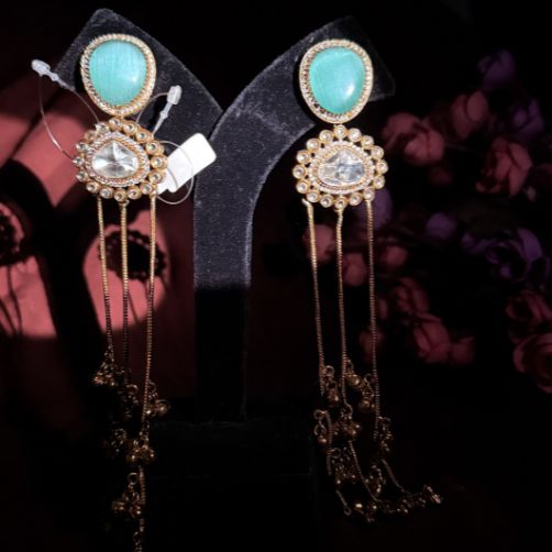Turquoise Stone Long Tassel Statement Earrings